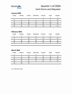 Saint Pierre and Miquelon Quarter 1  2026 calendar template