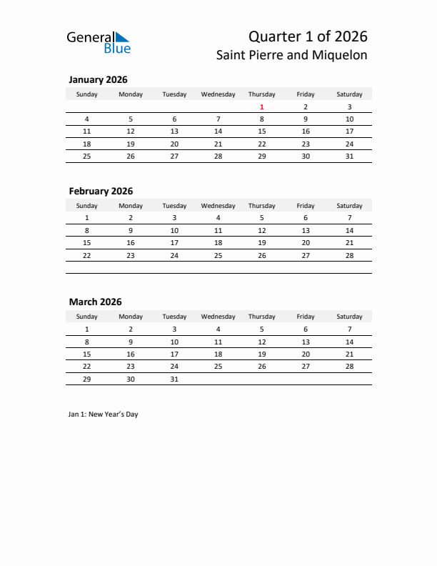 2026 Q1 Three-Month Calendar for Saint Pierre and Miquelon