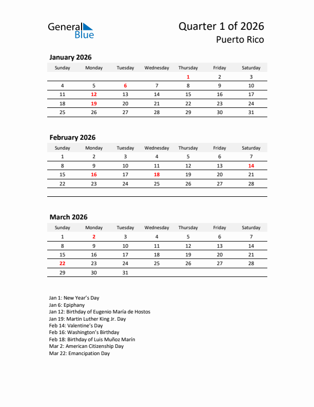 2026 Q1 Three-Month Calendar for Puerto Rico