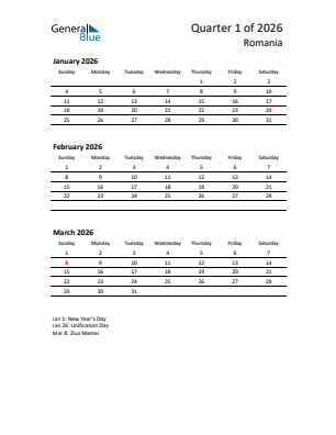 Romania Quarter 1  2026 calendar template