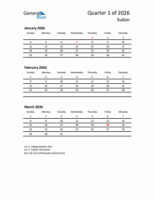 Sudan Quarter 1  2026 calendar template