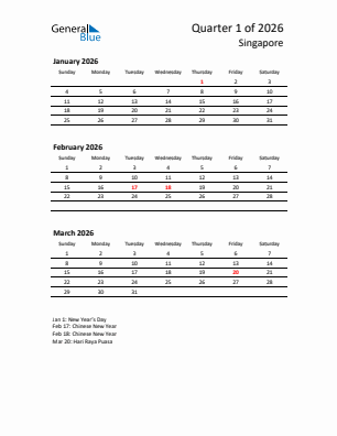 Singapore Quarter 1  2026 calendar template
