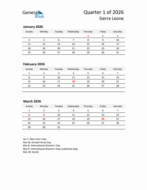 2026 Q1 Three-Month Calendar for Sierra Leone
