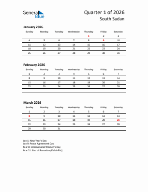 South Sudan Quarter 1  2026 calendar template