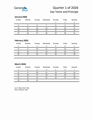 Sao Tome and Principe Quarter 1  2026 calendar template