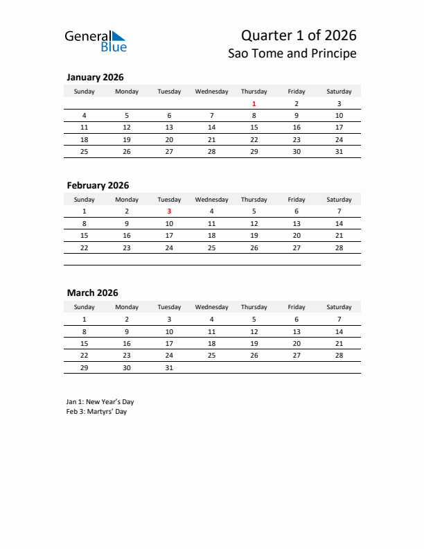 2026 Q1 Three-Month Calendar for Sao Tome and Principe