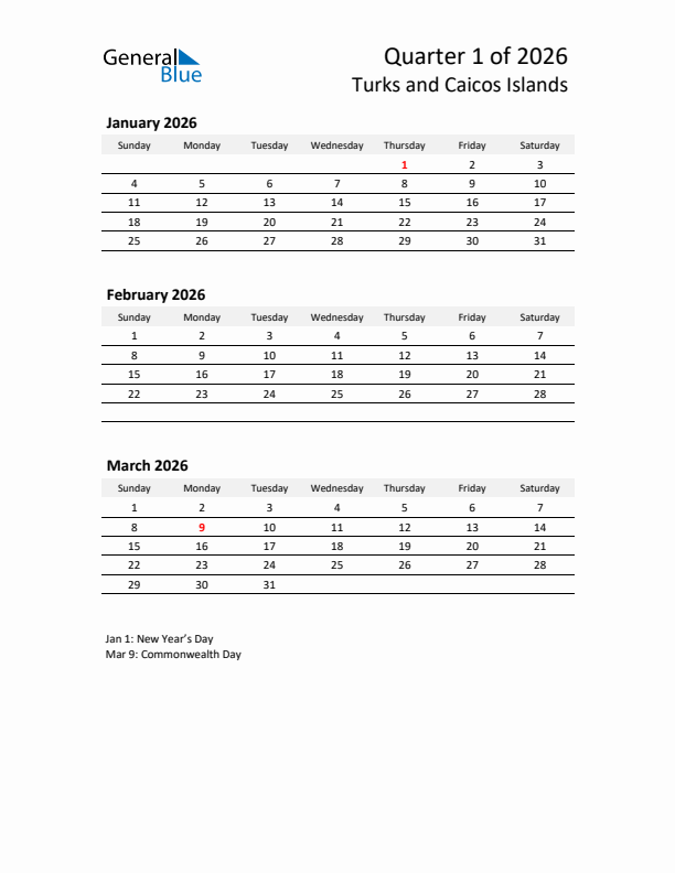 2026 Q1 Three-Month Calendar for Turks and Caicos Islands