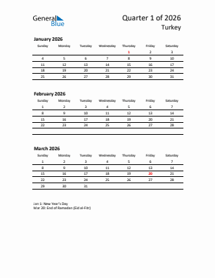Turkey Quarter 1  2026 calendar template