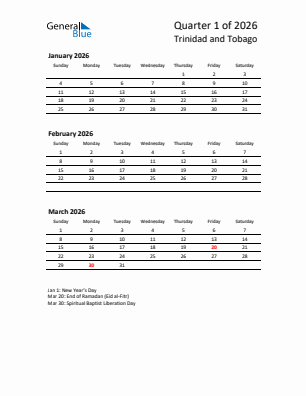 Trinidad and Tobago Quarter 1  2026 calendar template