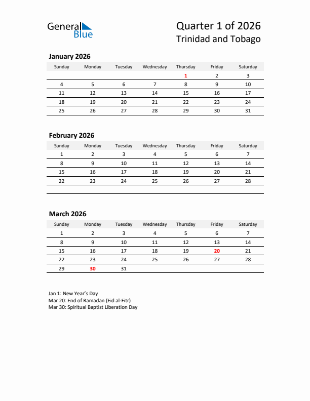 2026 Q1 Three-Month Calendar for Trinidad and Tobago