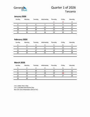 Tanzania Quarter 1  2026 calendar template