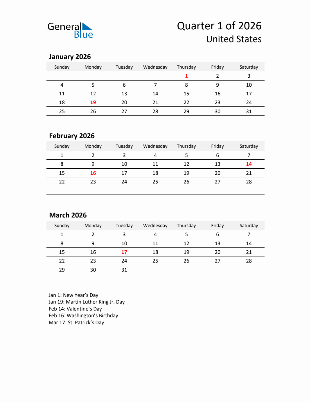 Q1 2026 Quarterly Calendar with United States Holidays (PDF, Excel, Word) Q1 2026 Quarterly Calendar with United States Holidays (PDF, Excel, Word)