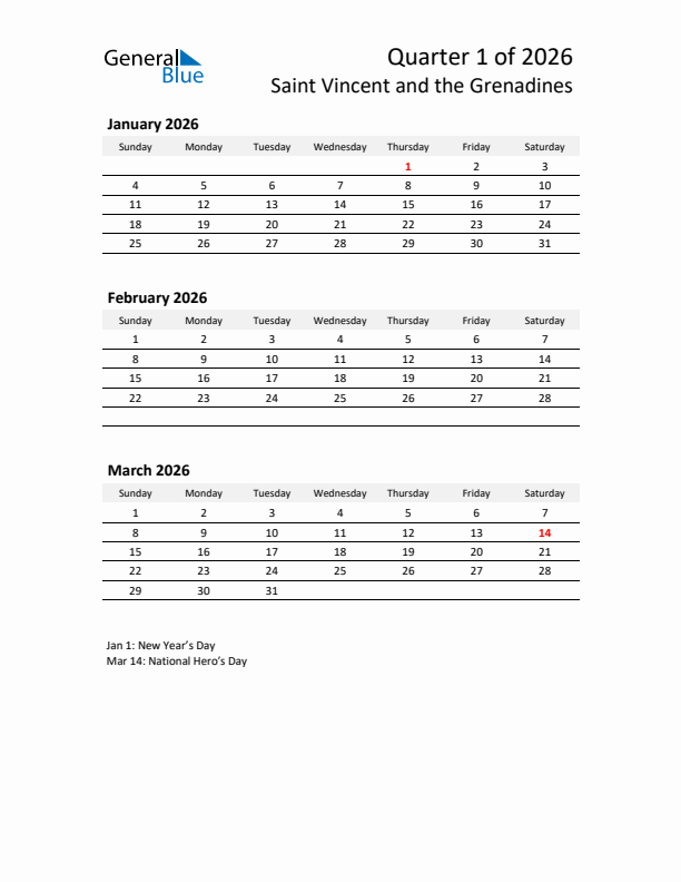 2026 Q1 Three-Month Calendar for Saint Vincent and the Grenadines