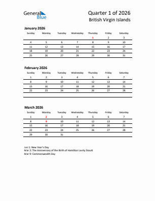 British Virgin Islands Quarter 1  2026 calendar template