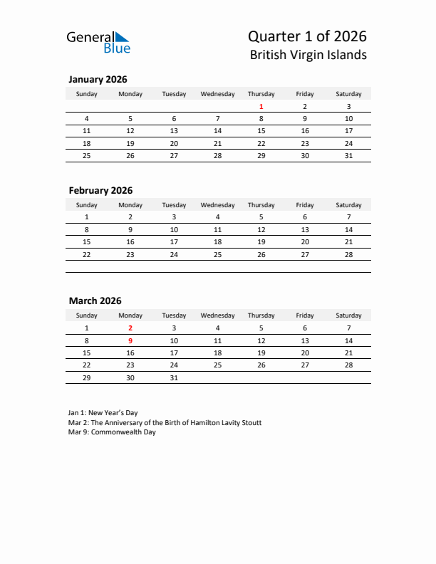 2026 Q1 Three-Month Calendar for British Virgin Islands