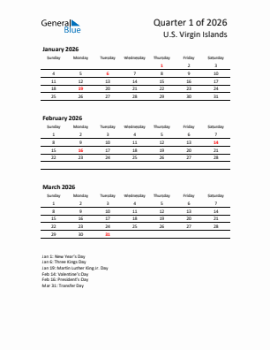 U.S. Virgin Islands Quarter 1  2026 calendar template