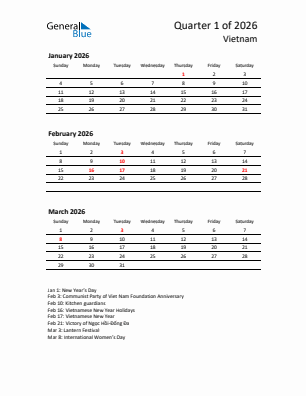 Vietnam Quarter 1  2026 calendar template