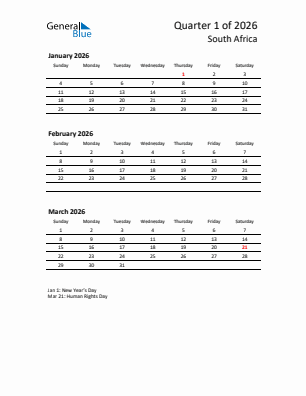 South Africa Quarter 1  2026 calendar template