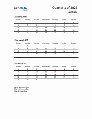 Zambia Quarter 1  2026 calendar template