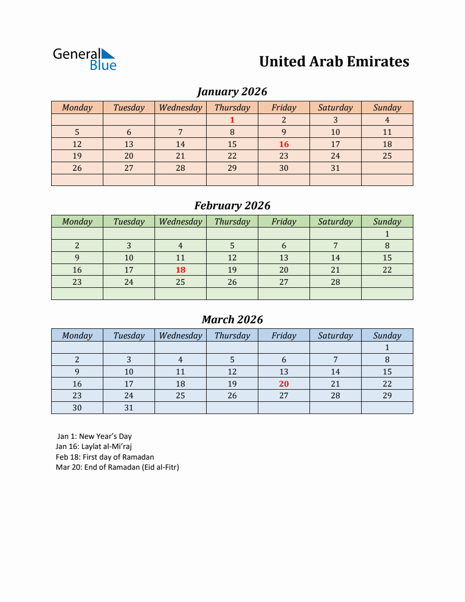 Q1 2026 Holiday Calendar for United Arab Emirates - Monday Start