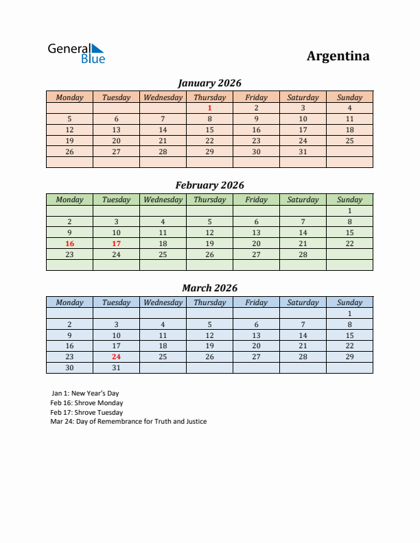 Q1 2026 Holiday Calendar - Argentina