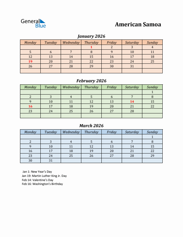 Q1 2026 Holiday Calendar - American Samoa