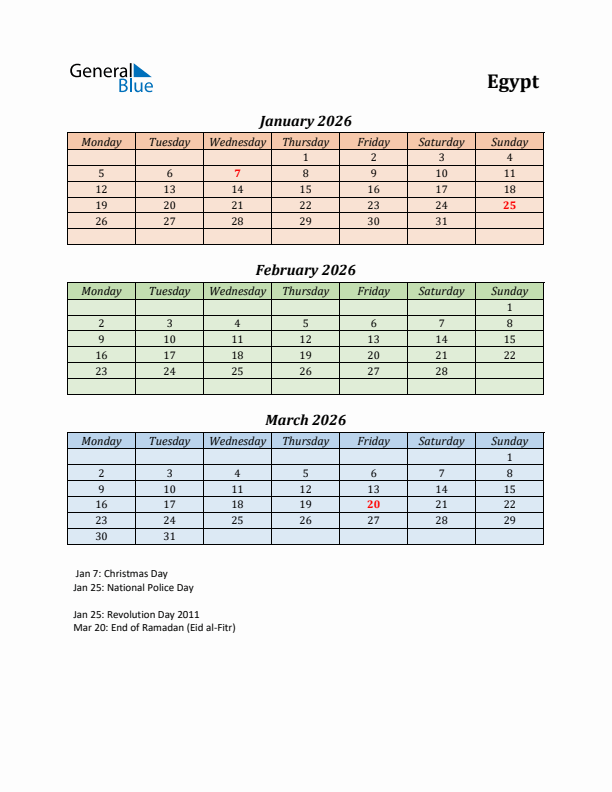 Q1 2026 Holiday Calendar - Egypt