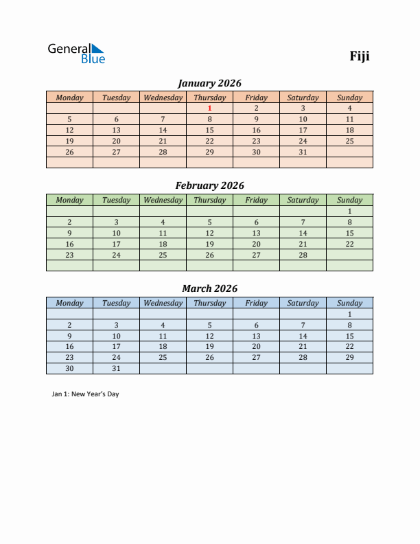 Q1 2026 Holiday Calendar - Fiji