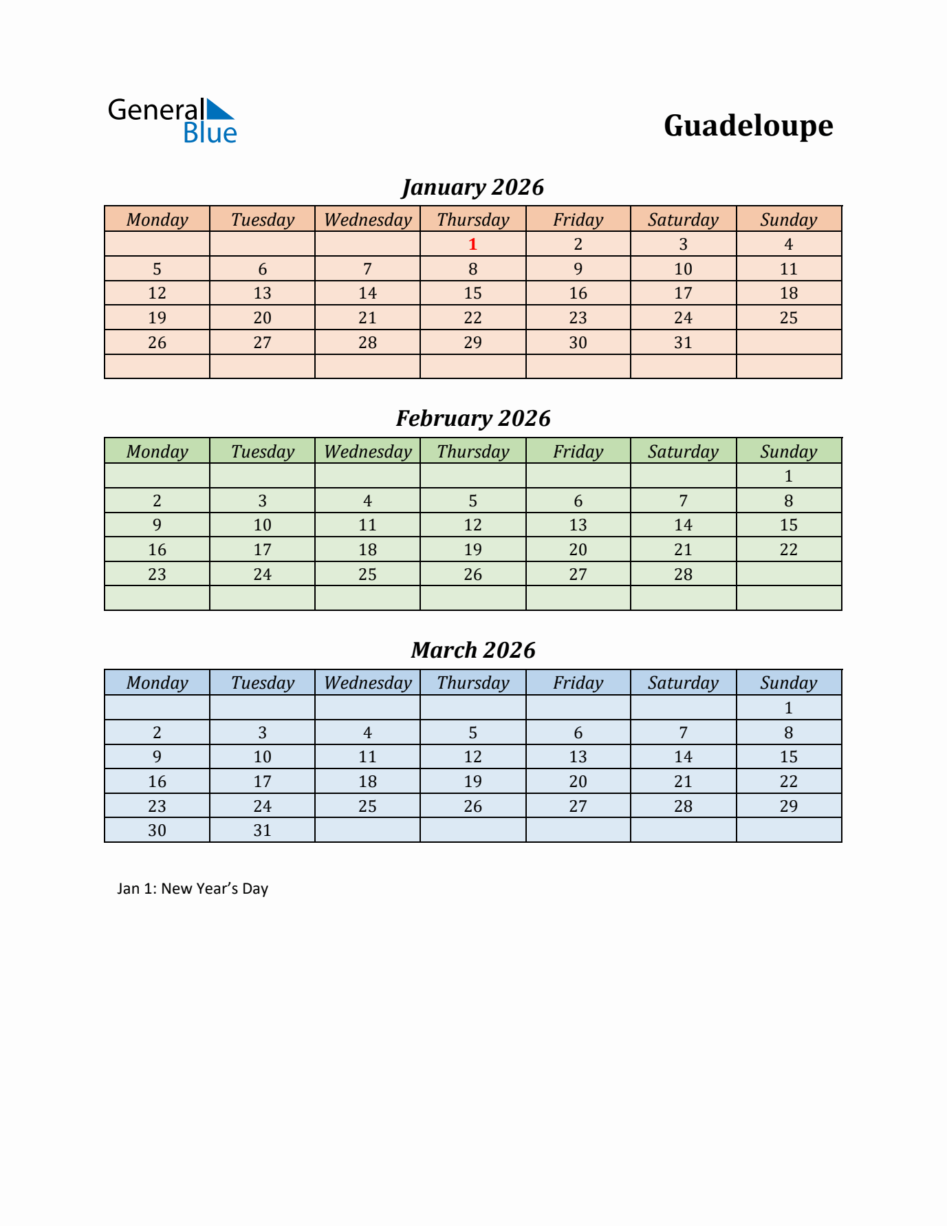 Q1 2026 Holiday Calendar - Guadeloupe