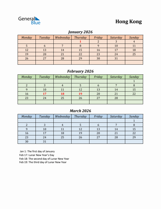 Q1 2026 Holiday Calendar - Hong Kong