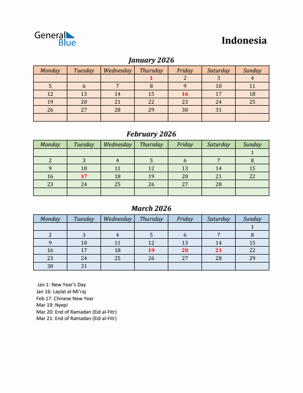 Q1 2026 Holiday Calendar - Indonesia