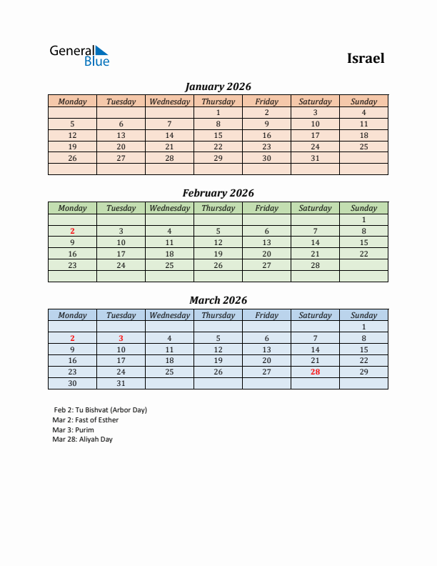 Q1 2026 Holiday Calendar - Israel