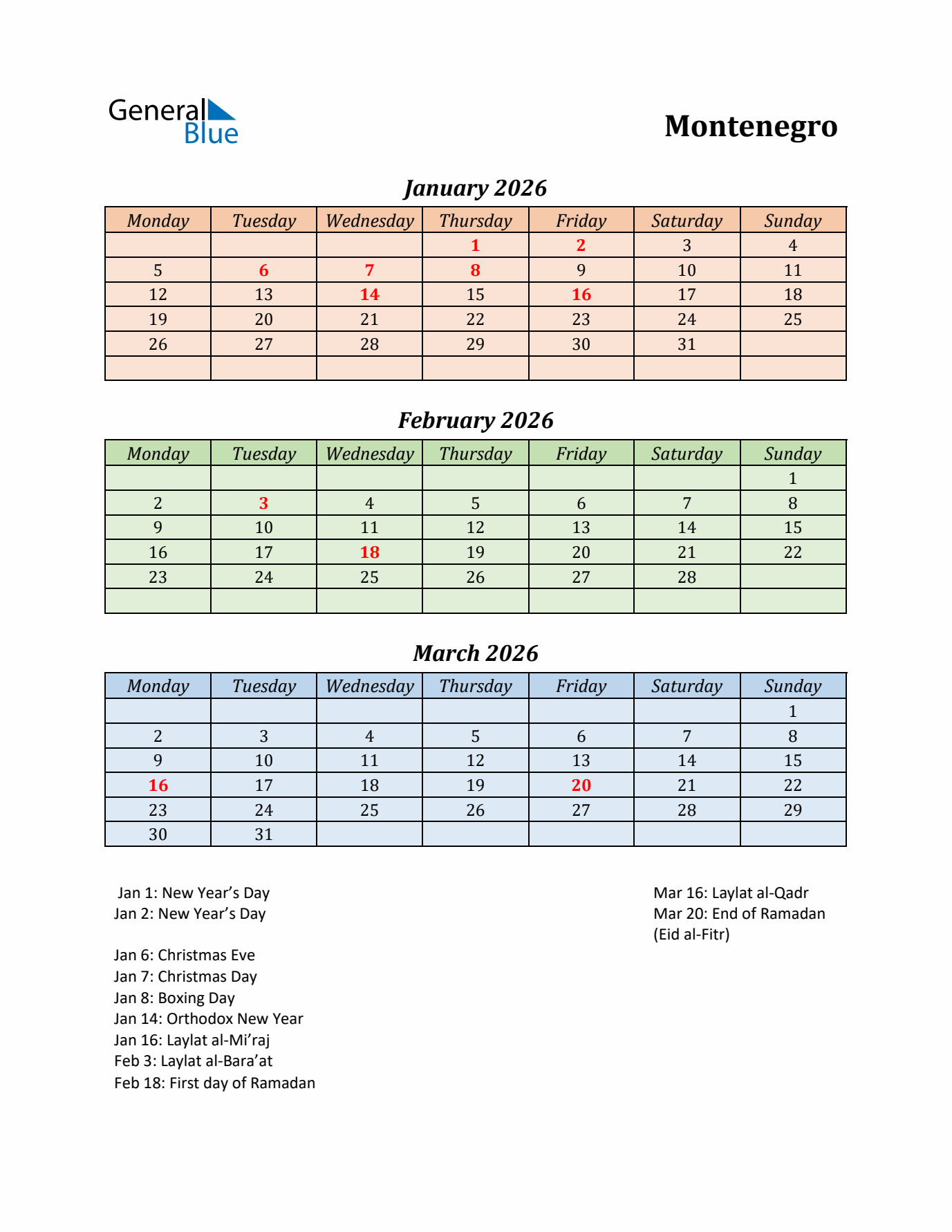 Q1 2026 Holiday Calendar - Montenegro