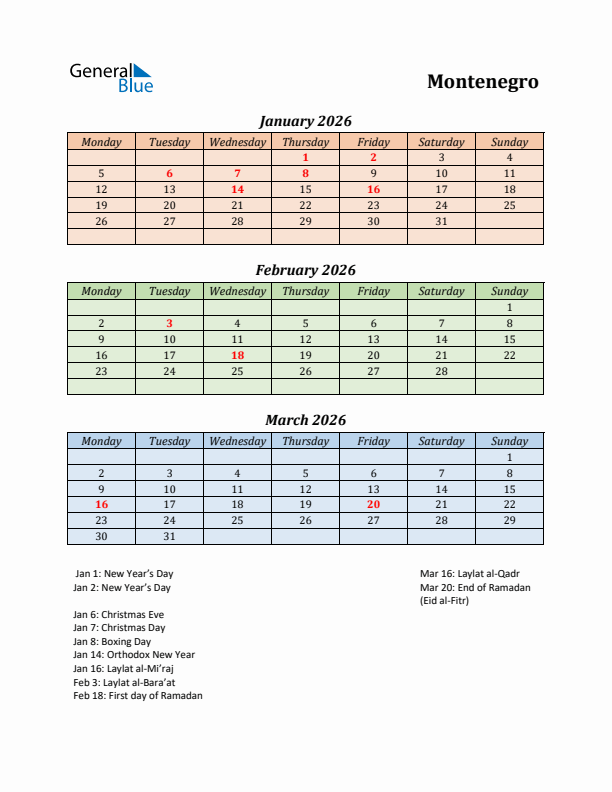 Q1 2026 Holiday Calendar - Montenegro