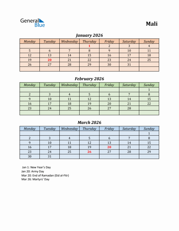 Q1 2026 Holiday Calendar - Mali