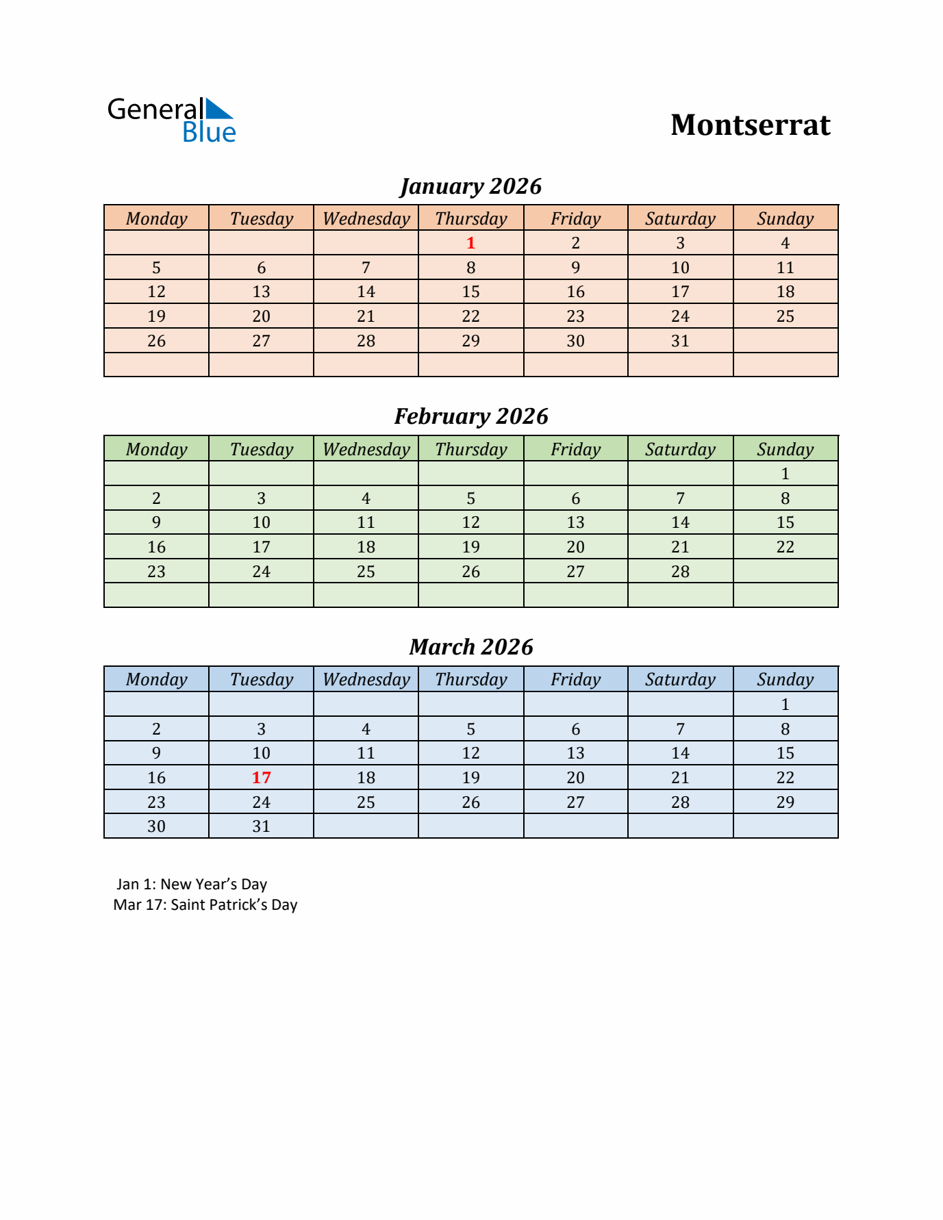 Q1 2026 Holiday Calendar - Montserrat