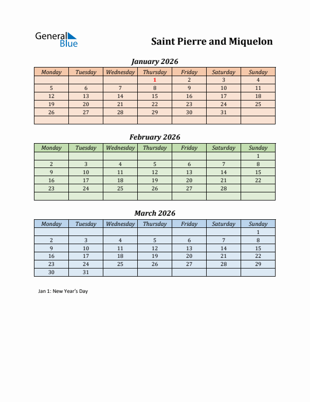 Q1 2026 Holiday Calendar - Saint Pierre and Miquelon