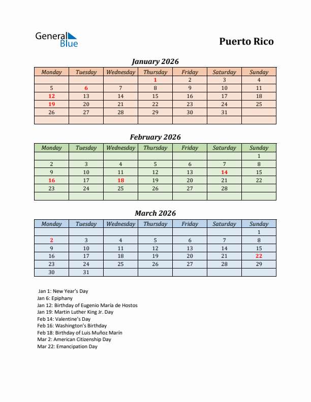 Q1 2026 Holiday Calendar - Puerto Rico