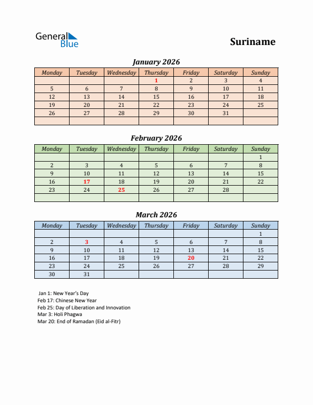 Q1 2026 Holiday Calendar - Suriname