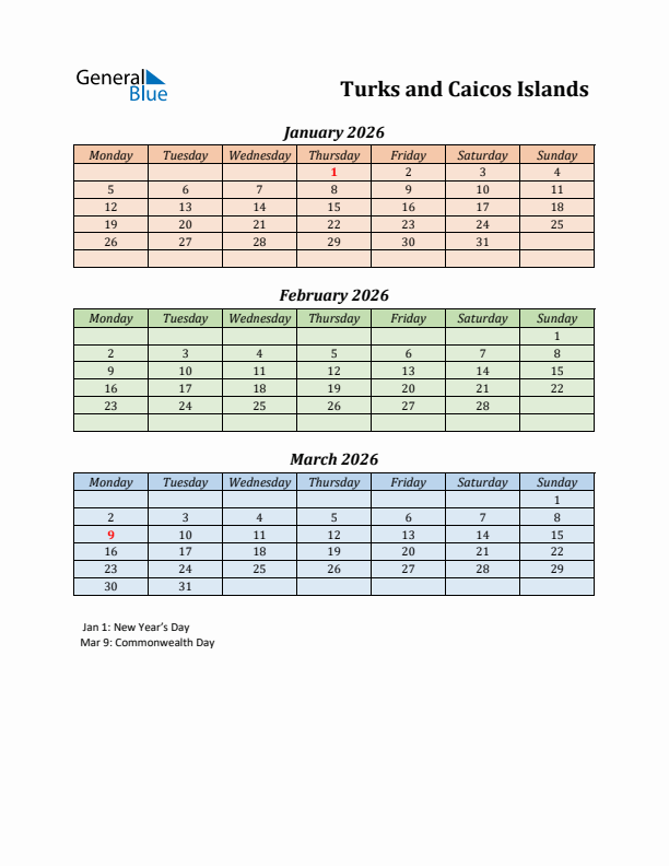 Q1 2026 Holiday Calendar - Turks and Caicos Islands