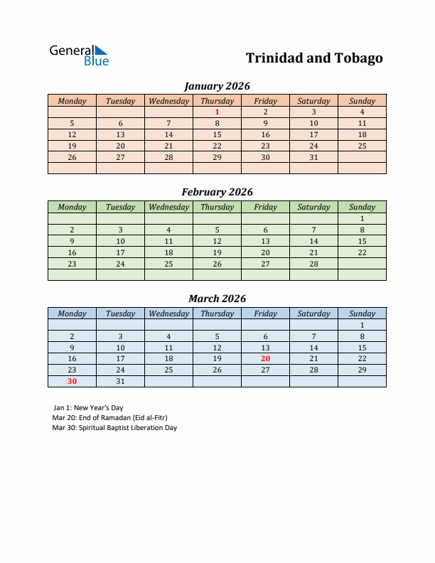 Q1 2026 Holiday Calendar - Trinidad and Tobago