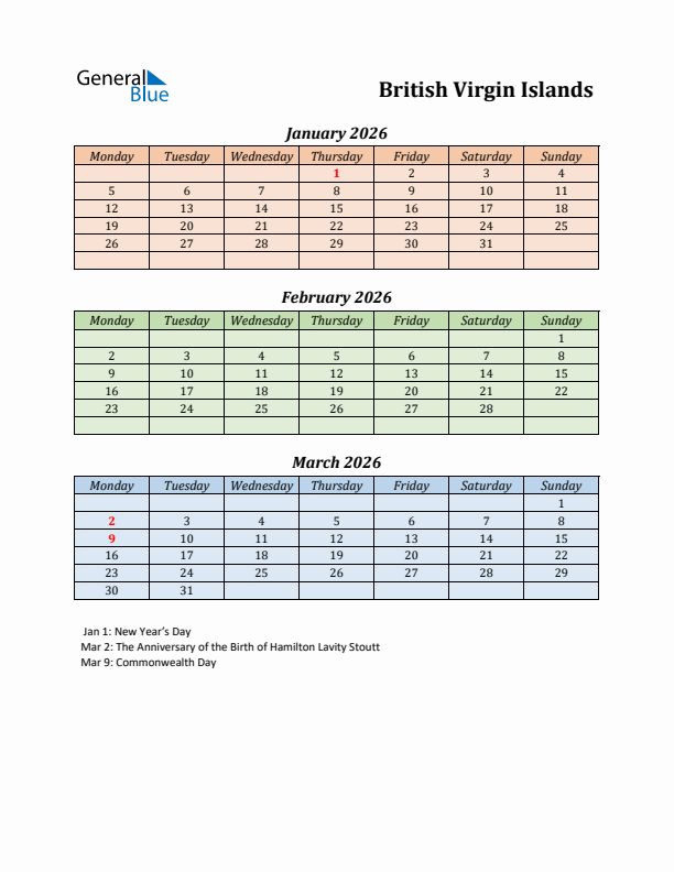 Q1 2026 Holiday Calendar - British Virgin Islands
