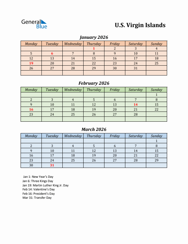 Q1 2026 Holiday Calendar - U.S. Virgin Islands