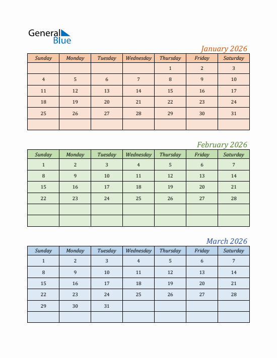Quarter 1 2026 calendar template