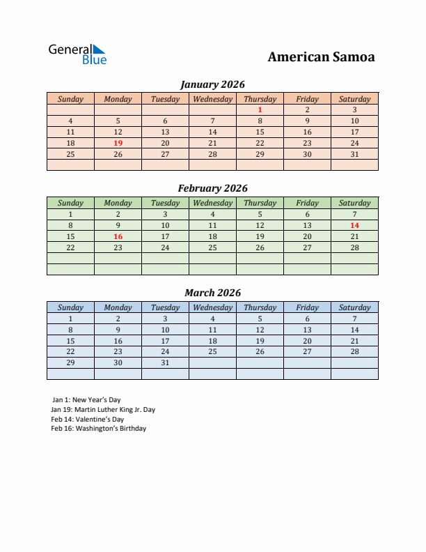 Q1 2026 Holiday Calendar - American Samoa