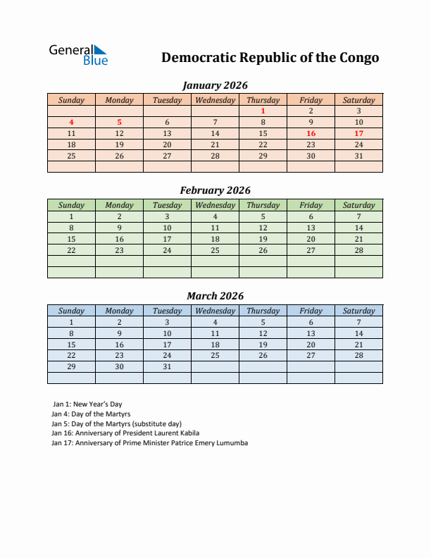Q1 2026 Holiday Calendar - Democratic Republic of the Congo