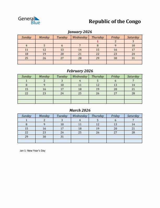 Q1 2026 Holiday Calendar - Republic of the Congo