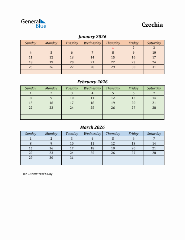 Q1 2026 Holiday Calendar - Czechia