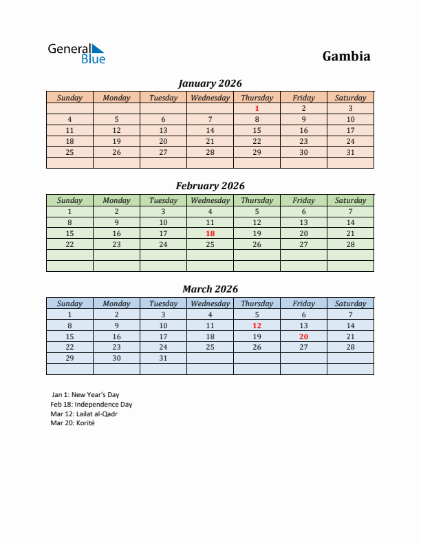 Q1 2026 Holiday Calendar - Gambia