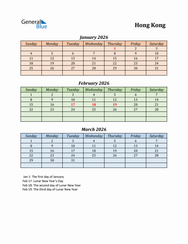 Q1 2026 Holiday Calendar - Hong Kong